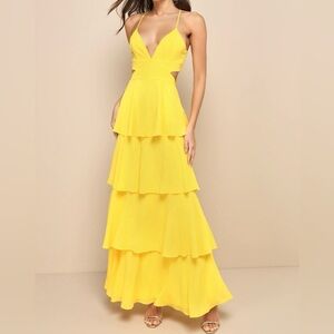 Lulus Tier and Now Yellow Tie-Back Tiered Maxi Dress NWT  Large